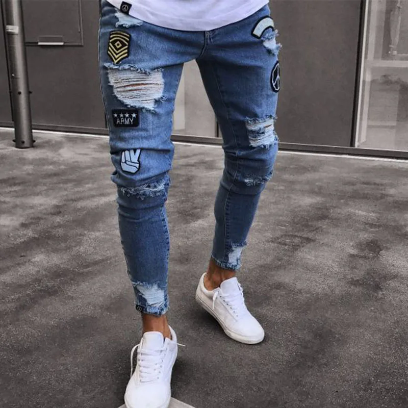 Mens Stretchy Slim Jeans 2023 Embroidery Hip Hop Men Blue Ripped Pants Fashion Hole Denim Trousers Jeans Skinny Black for Men