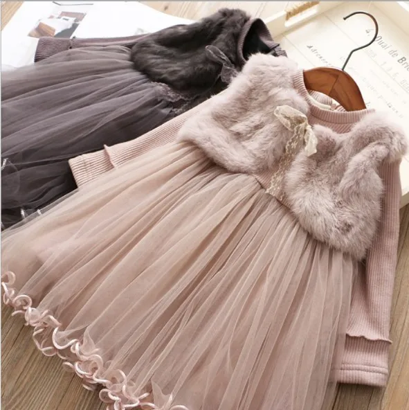 

Autumn Girls Dresses Children Clothes Fake Mink Jacket Faux Fur Warm Lace Birthday Wedding Party Toddler Casual Vestidos 2-8 Yrs