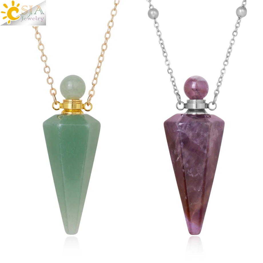 

Natural Stone Cone Perfume necklace Healing Clear Crystal Bottle Pendants Reiki Essential Oil Vial Diffuser Charms Necklace H119
