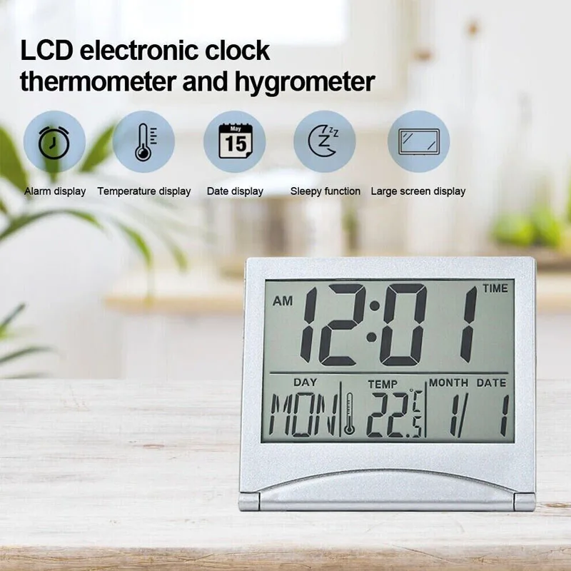 

Digital Travel Alarm Clock Foldable Temperature Timer LCD Clock with Snooze Mode Bedroom Alarm Clocks Room Tabletop Decorations