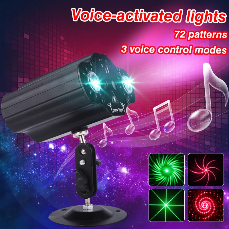 

Лазерный прожектор для дискотеки, светодиодный праздвечерние светильник стробоскоп с голосовым управлением, 32/72 узоров, Рождественские де...