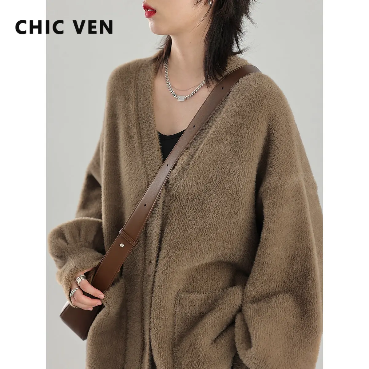 CHIC VEN Simple Loose V-neck Wool Knitting Cardigan Long Sleeve Coat Thick Single Breasted Office Lady Female Autumn Winter 2022