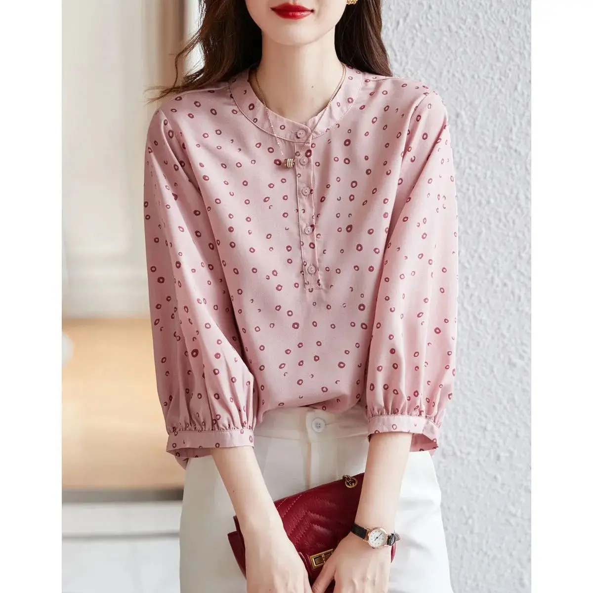 

Circle Print Pink Chiffon Top Women's Blouses 2022 Summer Office Loose Sweet Button Up Shirt Polka-dot 3/4 Sleeve Shirts Blusas