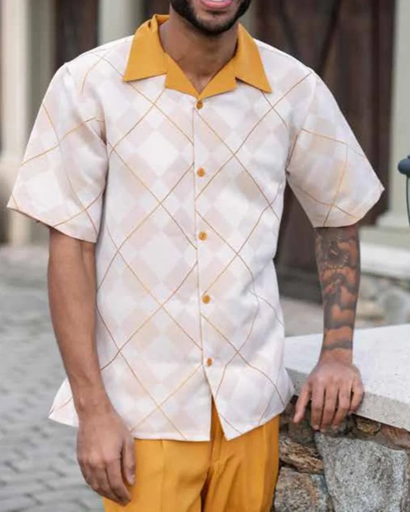 Shirt suit 2023 men's walking short-sleeved shirt+suit pants two-piece street outdoor leisure V-neck suit men's travel suit 4XL