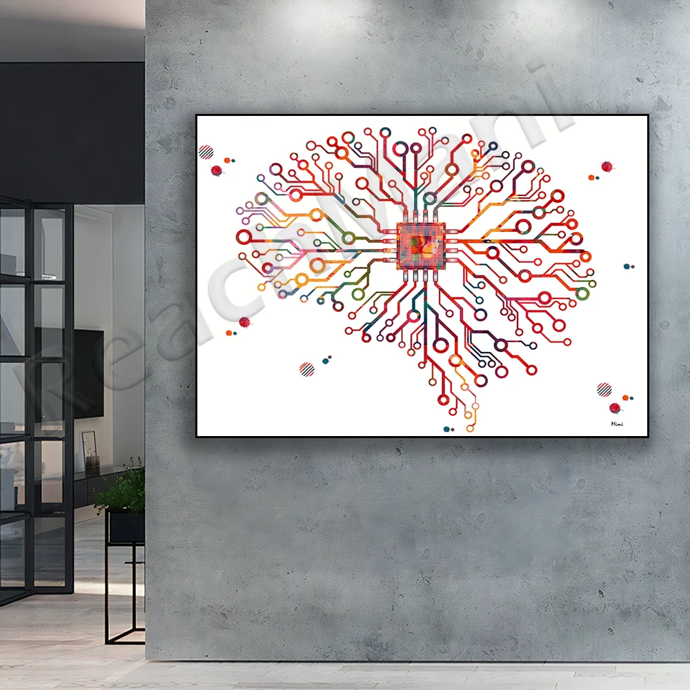 

Brain Circuit Board Abstract Science Art Poster Cerveau humin avec connexions Neurons AI Watercolor Impressions Neuroscience Art