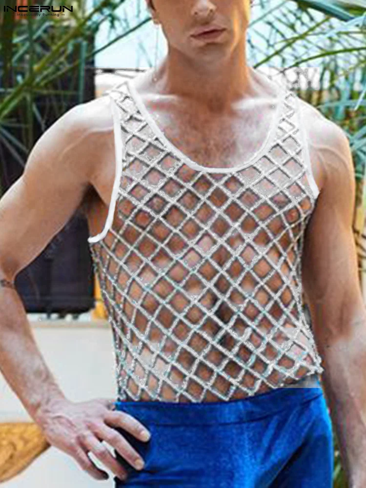 

INCERUN Men Tank Tops ON-neck Mesh Transparent Sleeveless Sequins Sexy Breathable Vests Men 2022 Streetwear Vacation Tops S-5XL