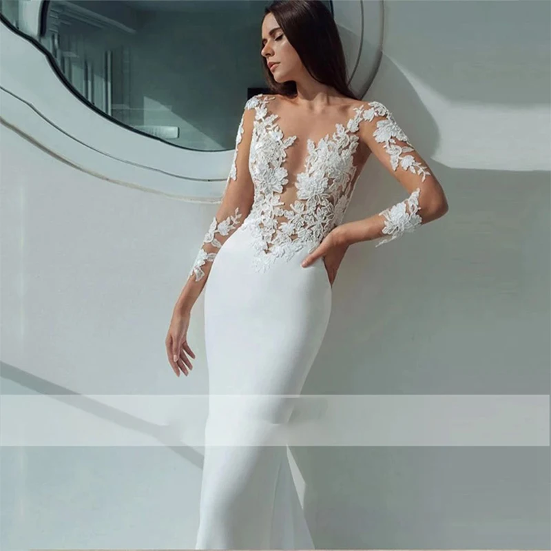 

Charming Boho Wedding Dress Mermaid Full Sleeves Appliques Tea-Length Button Bridal Gown Custom Made For Women Vestidos De Noiva