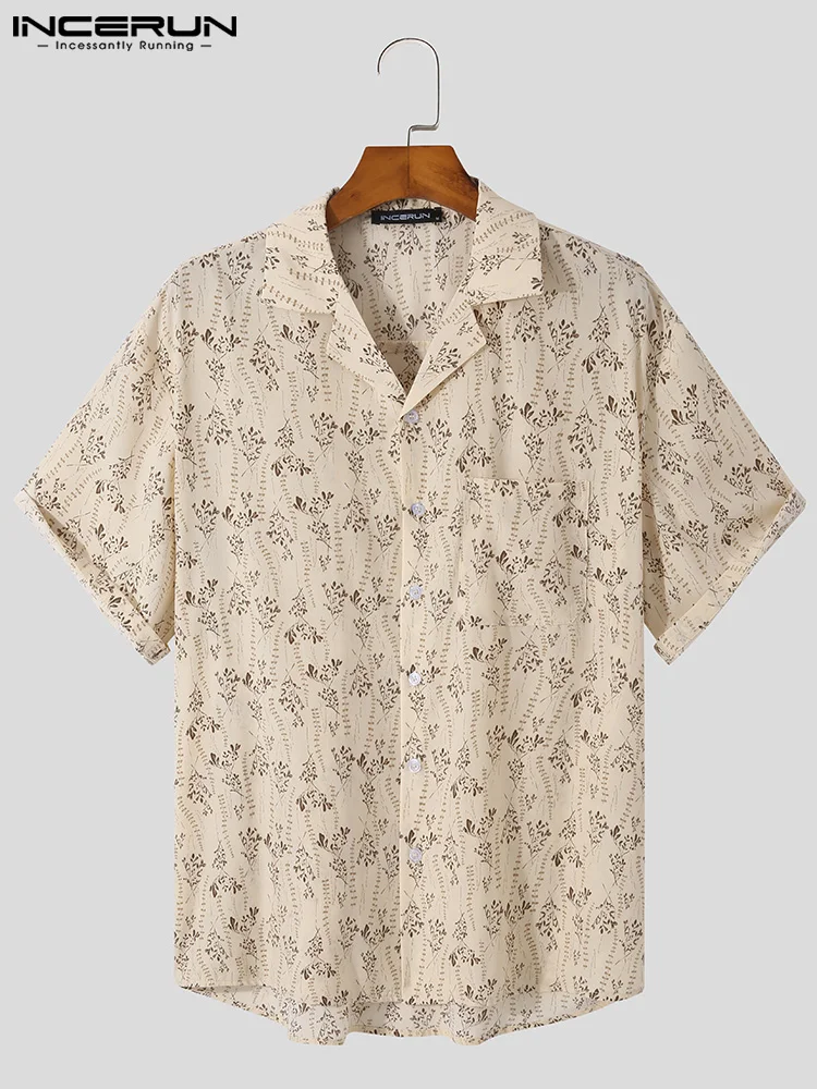 INCERUN Men Printing Shirt Lapel Short Sleeve Summer Button Streetwear Pockets Camisas 2022 Korean Casual Men Clothing S-5XL