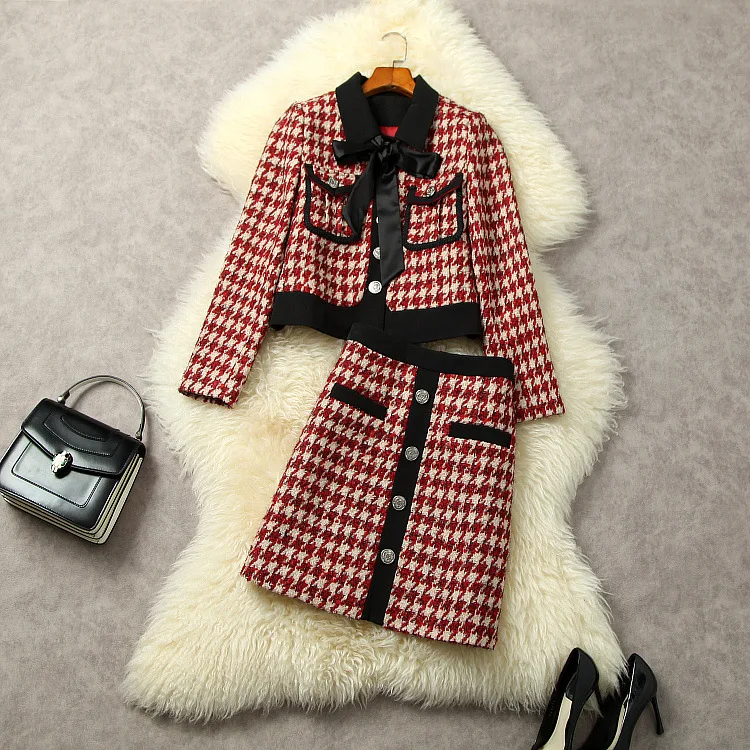

New European and American women's wear for winter 2022 Long-sleeved single-breasted tweed coat bow Plaid red skirt Fashion suit