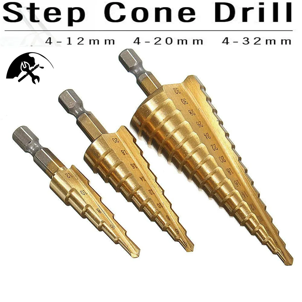

Ступенчатые сверла из быстрорежущей стали с титановым покрытием, 3-12 мм, 4-12 мм, 4-20 мм, ступенчатые конусные режущие инструменты, набор для сверления стали, дерева, металла