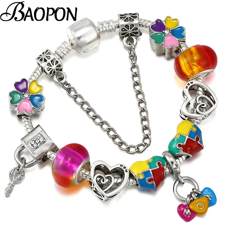 

Luxury Colorful MOM Dangles Charm Bracelets With Vintage Silver Color Crown Beads Bracelet Couples Jewelry Gift For Women Mother