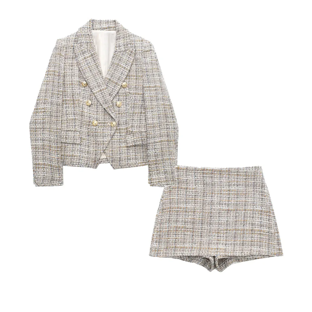 

Женский двубортный твидовый пиджак, винтажный пиджак с длинным рукавом и карманами, верхняя одежда, весна 2023