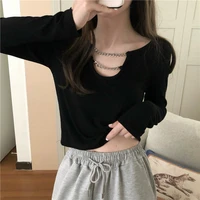 2021 women spring fashion korean y2k round neck solid color t shirt tops female sexy chain slim body long sleeved black tshirt