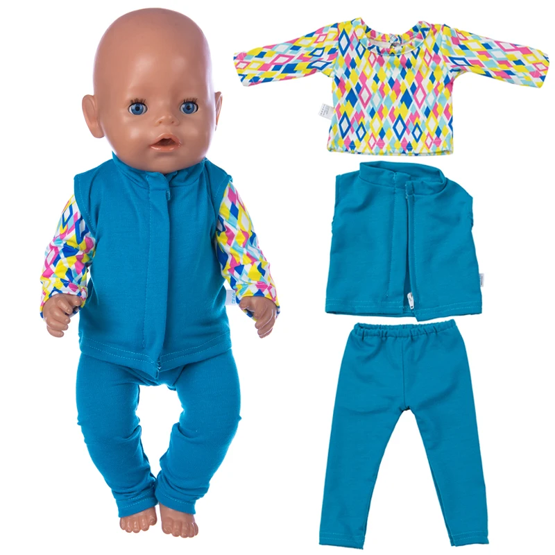 

2022 New Baby New Born Fit 18 inch Doll Clothes Accessories Plaid Line Blue 3 Piece Clothes Set For Baby Birthday Gift