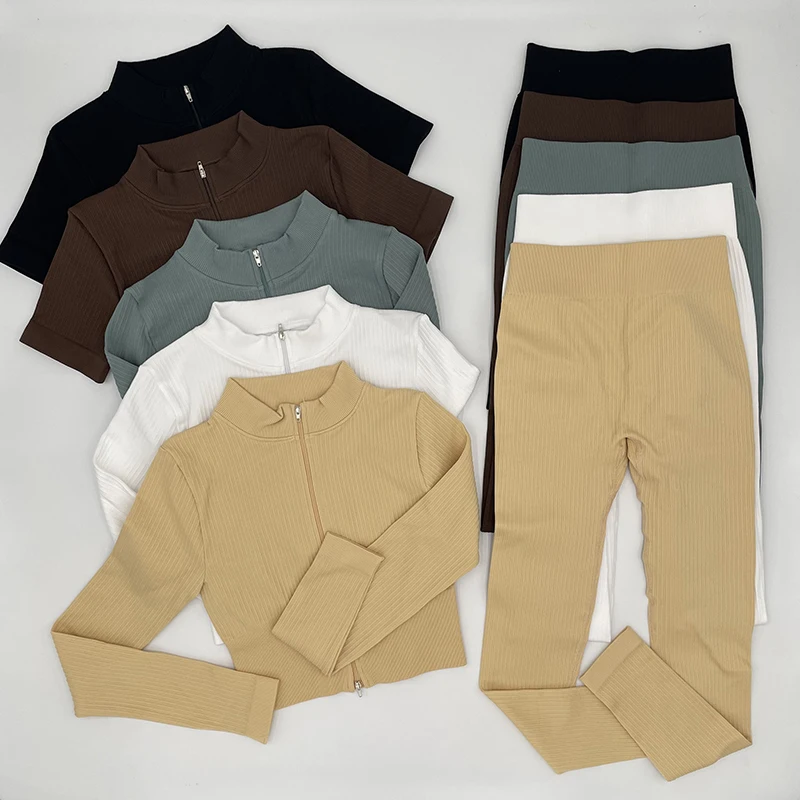 1/2/3PCS Seamless Women Yoga Set Workout Sportswear Gym Clothing Fitness Long Sleeve Zipper Top High Waist Leggings Sports Suits