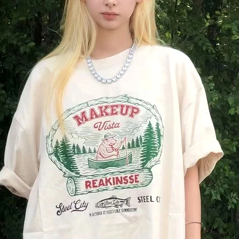 

American Lake Scenery Aesthetic Y2K High Street T Shirts Pure Cotton High Quality Summer Tops Oversized Loose Korean Fashion Tee