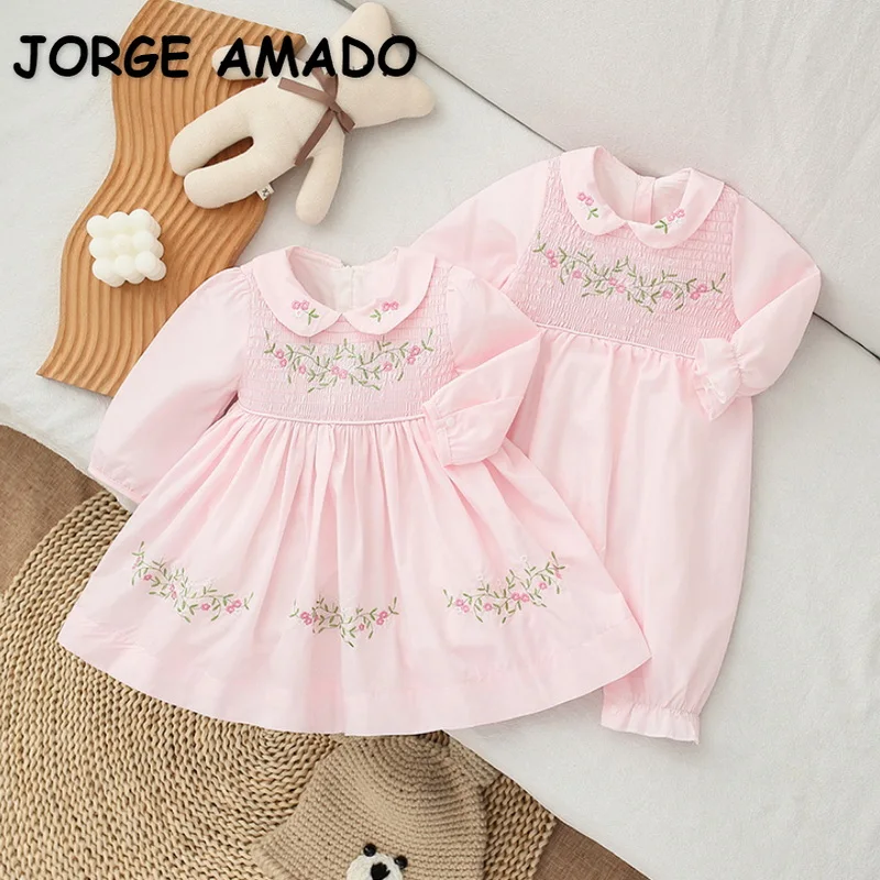 2022 Spring Family Matching Sister Clothes Long Sleeves Pink Floral Romper+Dress with Sashes Twins Cute Clothes Outfits E9188