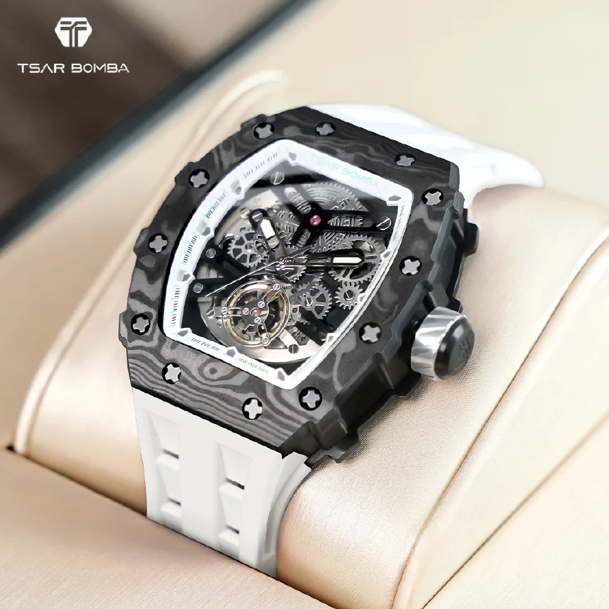 

Carbon Fiber Bezel TSAR BOMBA Mens Automatic Watches Skeleton Mechanical Clock Waterproof Luxury Fashion WristWatch for Men