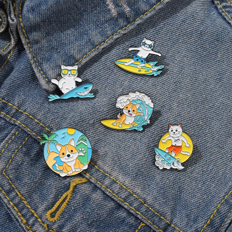 

Animal Surfing Enamel Pins Custom Ocean Motion Cats Dogs Brooches Lapel Pin Shirt Bag Badge Cartoon Sea Jewelry Gift for Friends