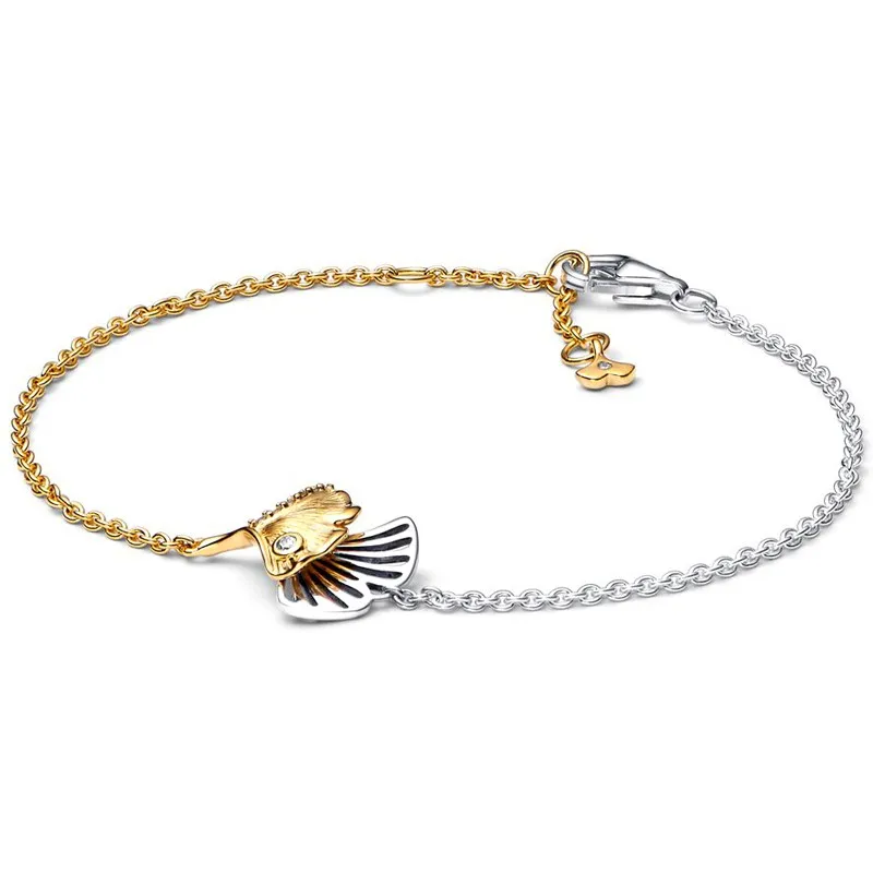 

Authentic 925 Sterling Silver Moments Double Gingko Leaves Two-tone Chain Bracelet Bangle Fit Bead Charm Diy Fashion Jewelry