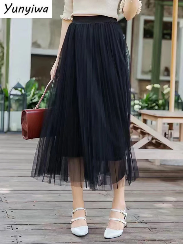 

Elegant Women Tulle Skirt Korean Fashion Mesh White A Line Ladies Pleated Skirt Summer Chic High Waist Black Party Faldas