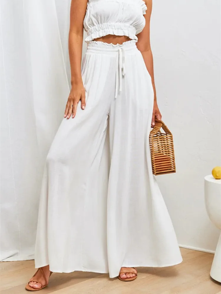 Women Casual Elastic Waist Wide Leg Pants Pantskirt For Outdoor Home Female Comnfortable Summer Long Loose Trousers 2022