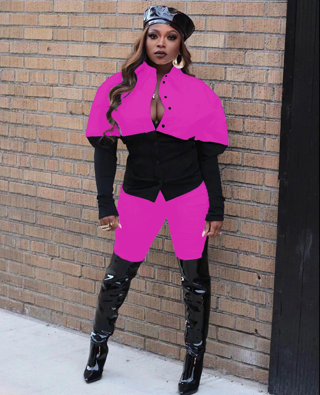 

Color Patchwork Two Piece Set Women Single Breasted Long Sleeve Slim Shirt Tops Pencil Pants Fashion Casual Suits