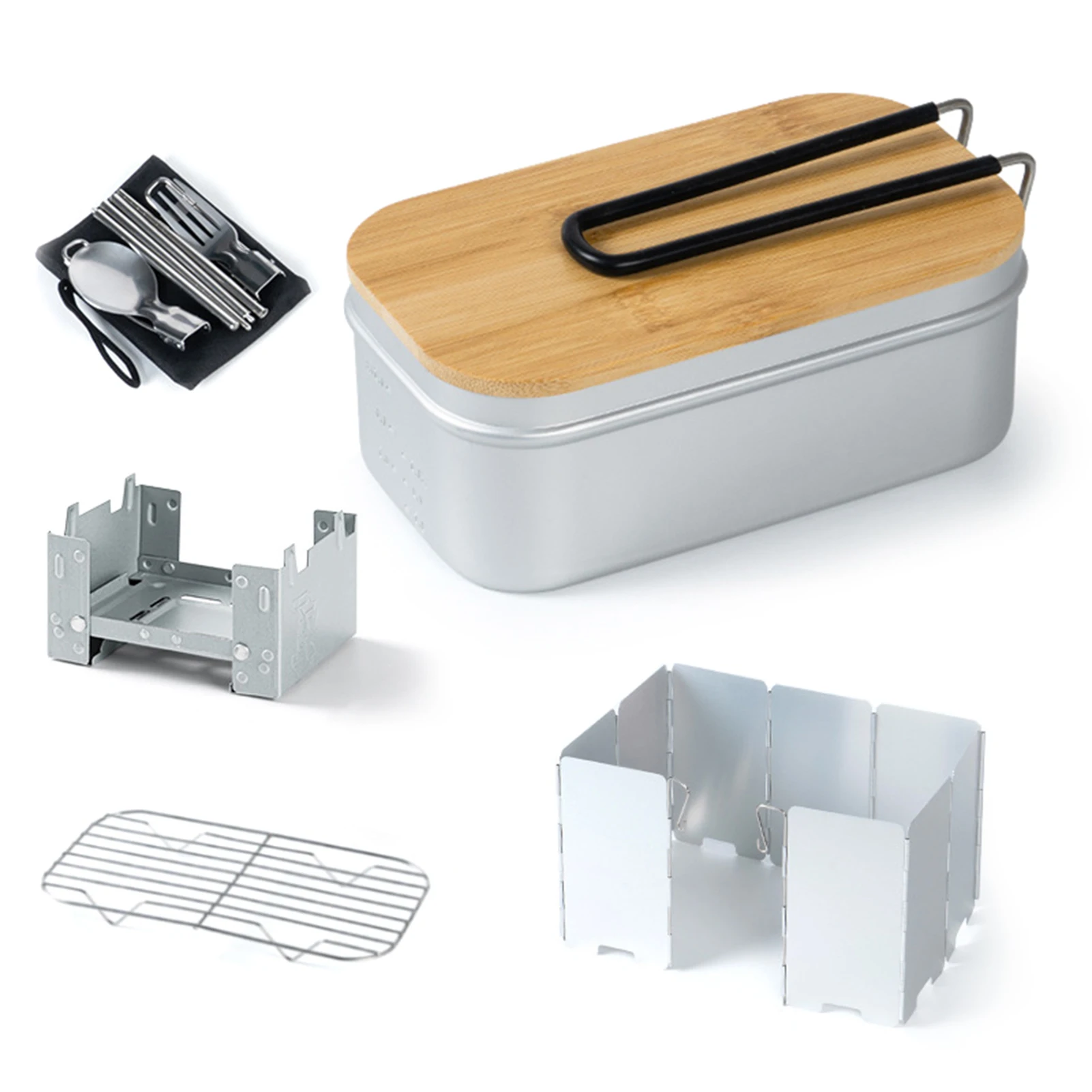 

Camping Picnic 800ml Lunch Box Combo Set Folding Mini Stove Steaming Rack Tableware Outdoor ​Hiking Fishing Flatware
