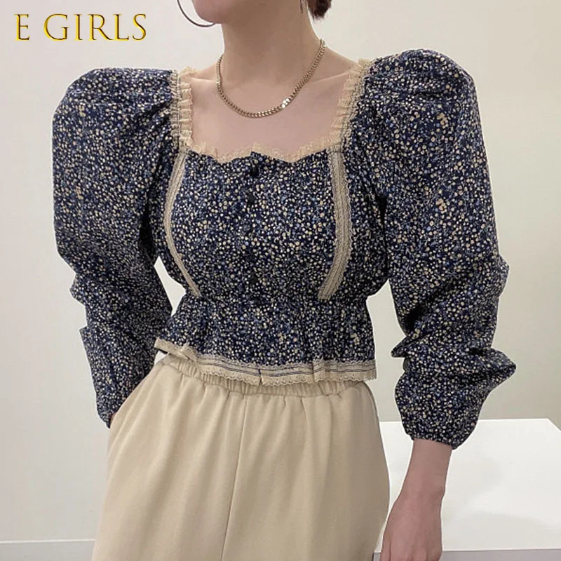 E GIRLS Spring Retro Floral Print Shirts Women Fungus Square Collar Cropped Tops Female Puff Sleeve Slim Waist Woman Blouses