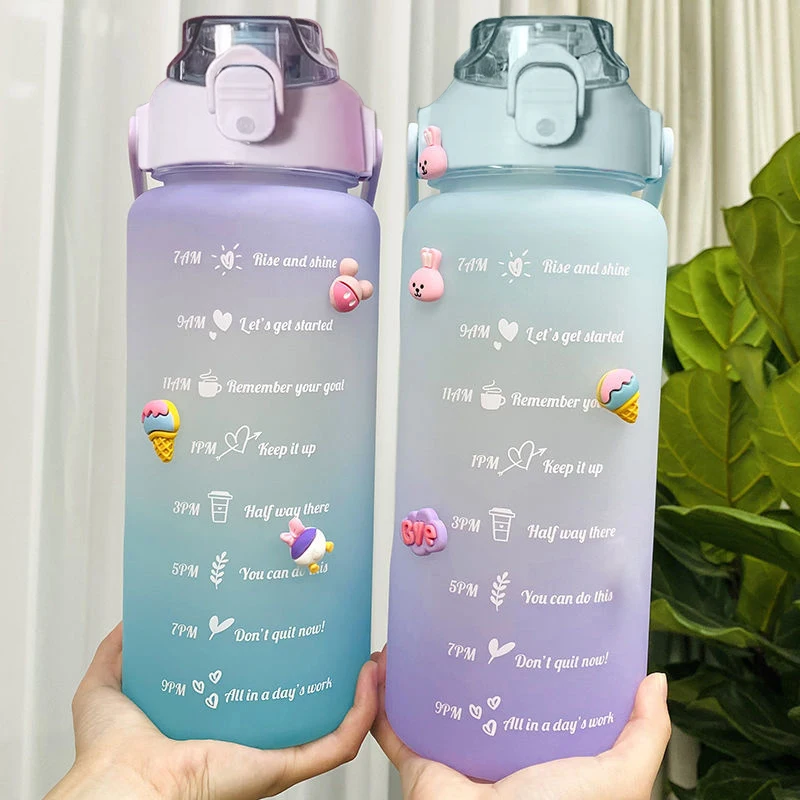 

2L Sports Water Bottle With Time Marker Straw Bounce Lids Large Capacity Plastic Drinking Bottle Leak-proof Outdoor Fitness