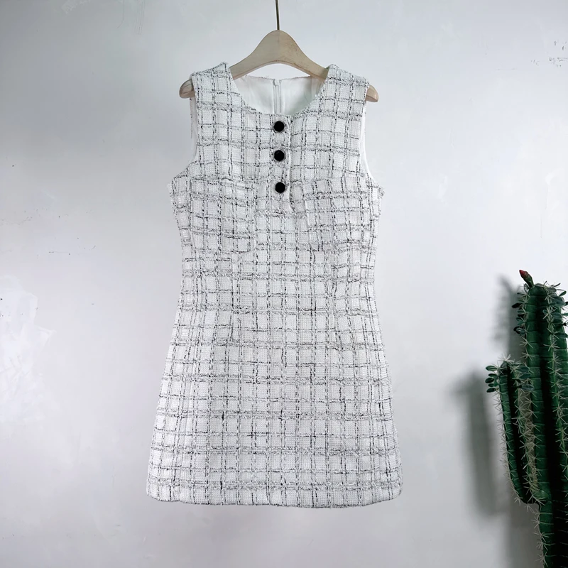 

Small Fragrant Tweed Plaid White A Line Dress New Autumn Winter Round Collar Sleeveless Tank Button Deco Slim Vestidos For Women