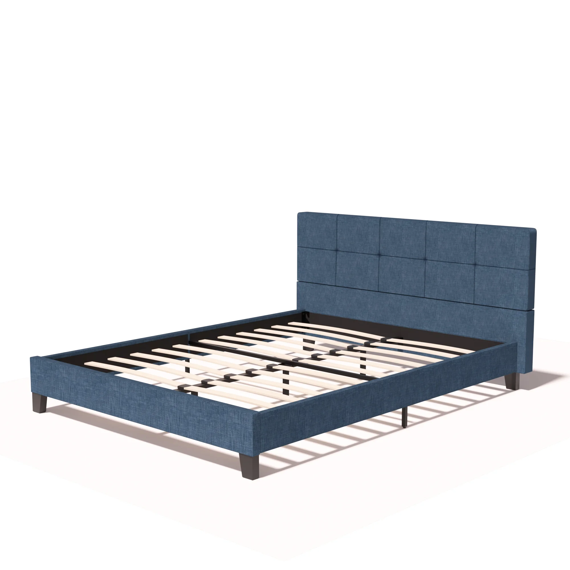 

Upholstered Linen Queen Platform Bed Metal Frame with Tufted Square Stitched Headboard Mattress Foundation in dark Blue Queen