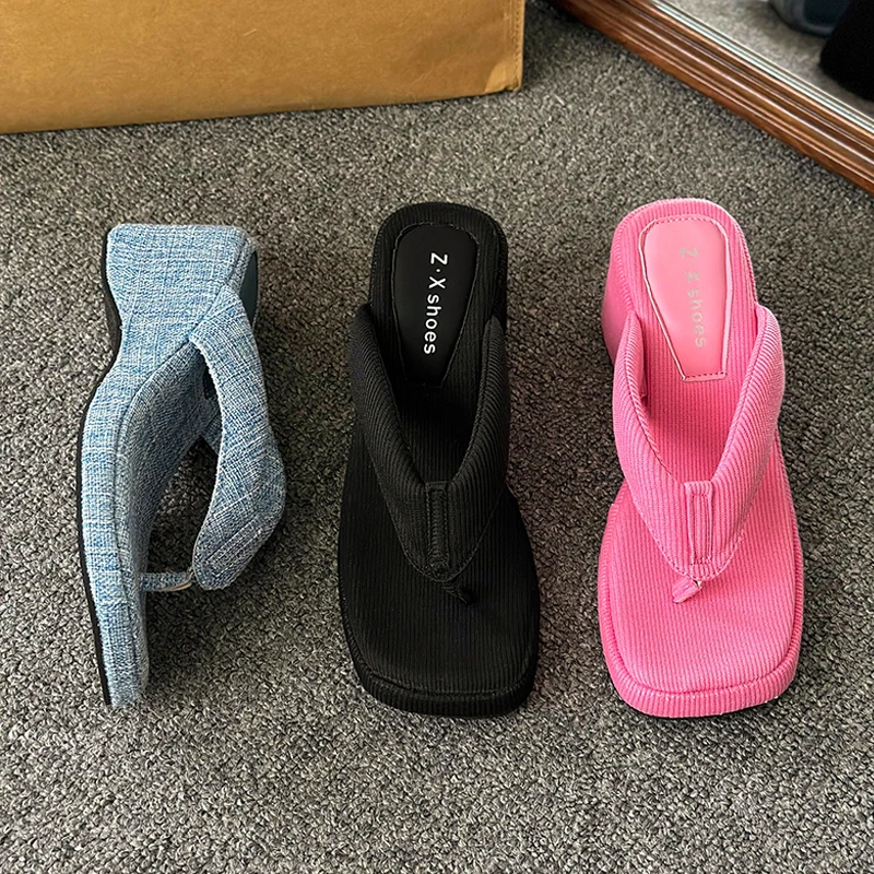 

Fashion Square Clip Toe Platform Sandals Woman Chic Denim Wedge Flip Flops Ladies Summer Street Style Thick High Heel Slippers