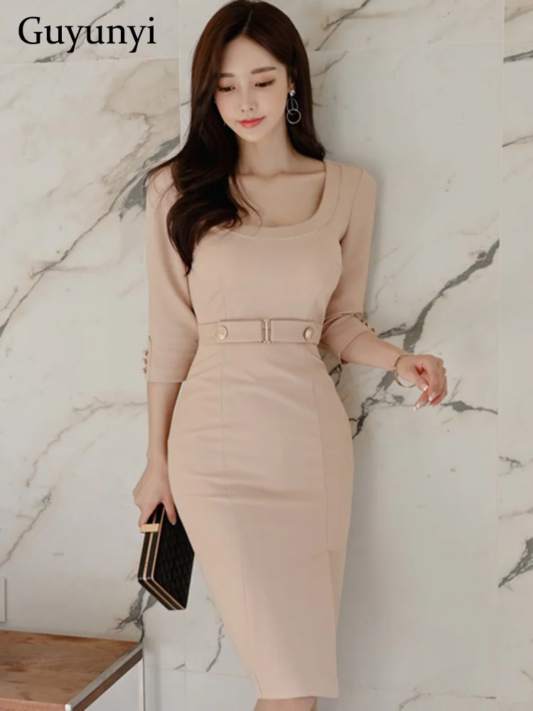 

Office Lady Dress Spring Summer Solid Color O-Neck Three Quarter Sleeve High Waist Line Button Decoration Elegant Party Dress