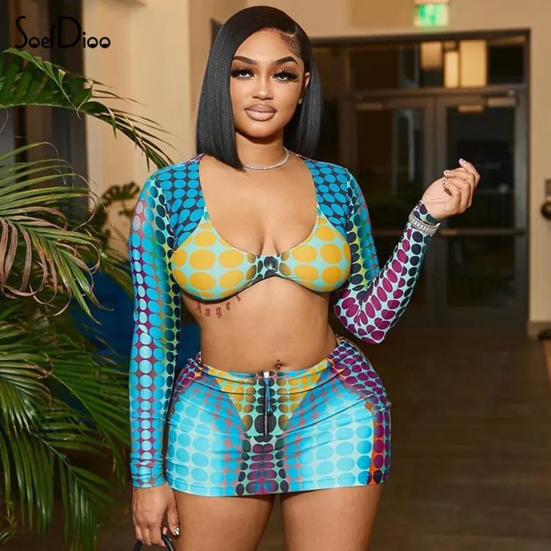 

Soefdioo Multicolor Polka Dot Print Two Piece Set Women Sexy V-neck Long Sleeve Crop Top and Mini Skirt Matching 2023 Streetwear