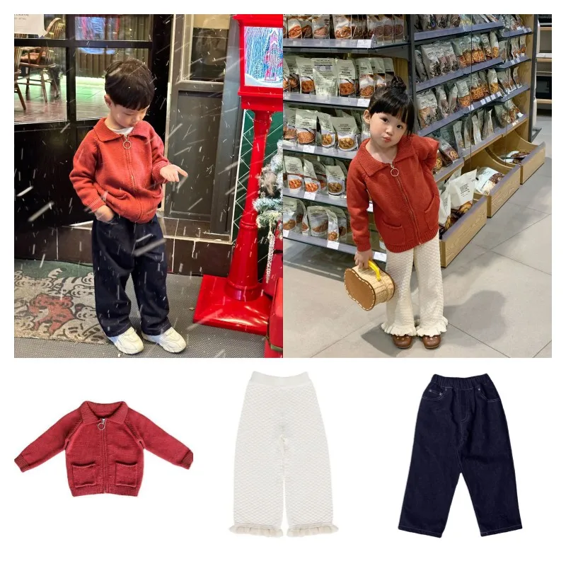 

Boys and Girls Knitted Cardigan Suit 2023 Winter Boys Plus Fleece Dark Jeans Girls Red Lapel Cardigan Girls Knitted Trousers