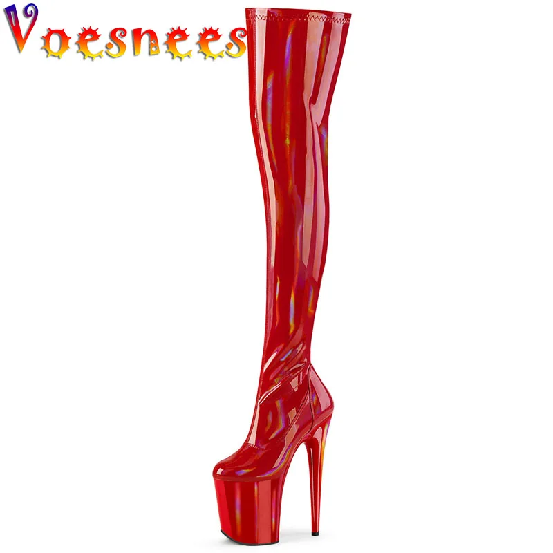 

Elasticity Slim Fitting Over-the-Knee Boots Women 20CM Holographic Ultra-high Heels Pumps Platform Pole Dance Performance Shoes