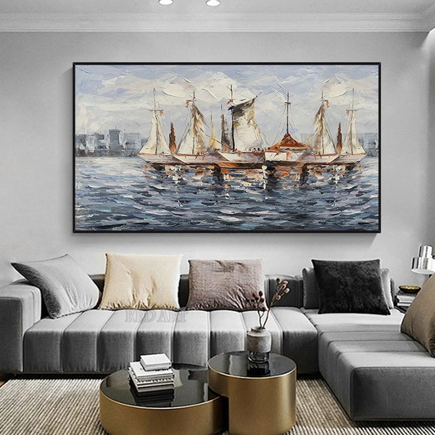 

Hand Painted Seascape Canvas Wall Picture Sailing Boat Oil Painting Art On Canvas Knife Textured Artwork For Office Decoration