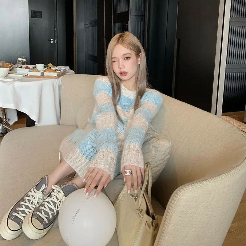 

Осенний вязаный свитер в полоску, Женский Повседневный милый пуловер, свитер, женский модный теплый кашемировый джемпер в Корейском стиле, ...