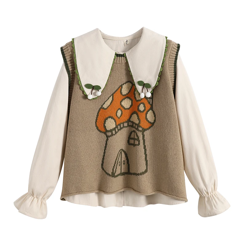 Sweet Japan fashion Design Sense Stacked Sweater vest Doll Collar Long sleeve Shirts Women Spring 2023 New Two-piece Set