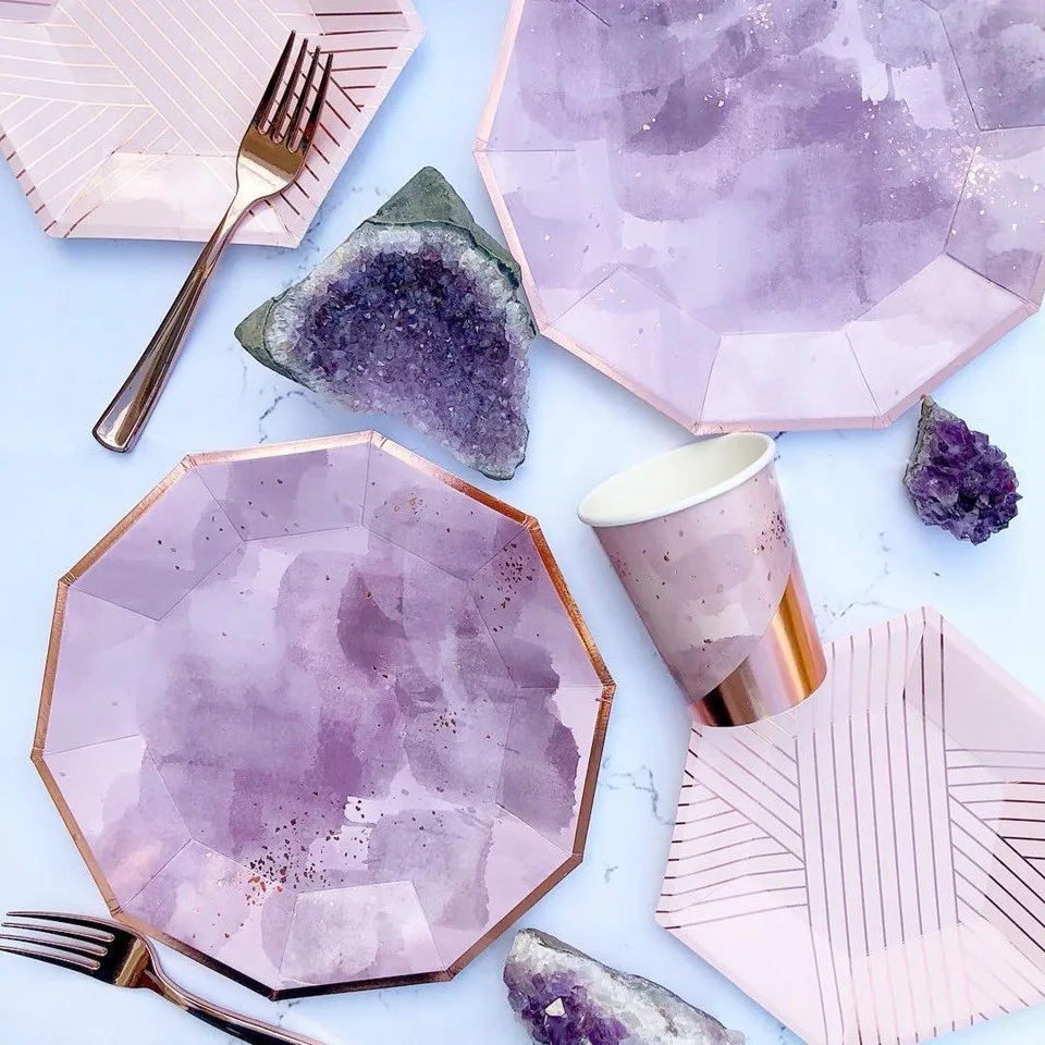 1 набор розовая бумага одноразовая посуда позолоченный полосатый стол Декор