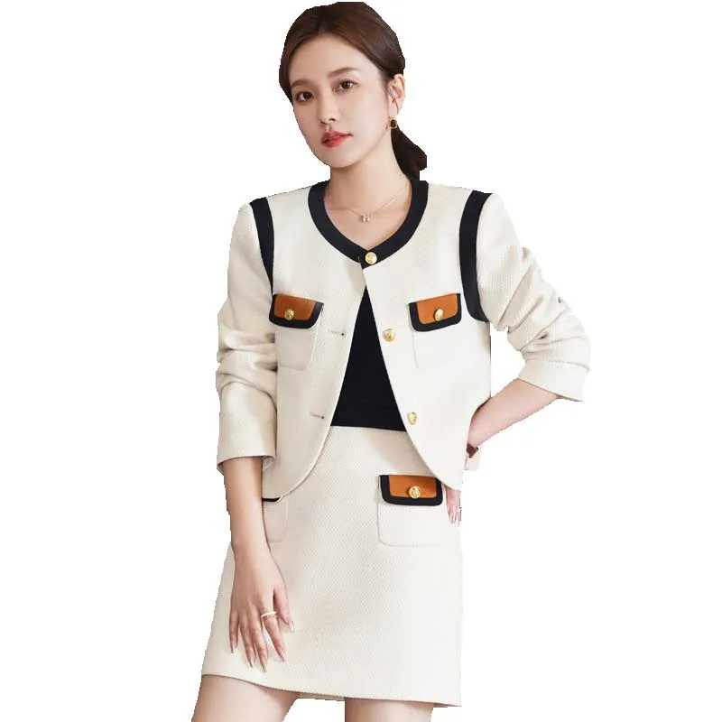 

2023 Spring New Single Breasted Contrast Color Coat+ High Waist Mini Skirt 2 Piece Sets Women Outfit Elegant Luxury Office Suit