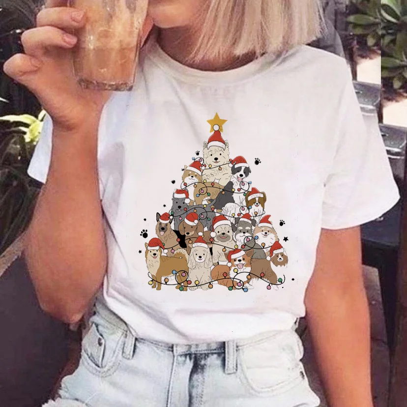 

Fashion Versatile Cute 2023 Happy Christmas Women Fashion T-shirt Holiday T-shirt New Year O-neck Cartoon Top Travel T-shirt.