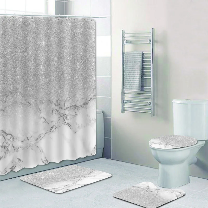 

Modern Faux Grey Silver Glitter Ombre White Marble Bathroom Curtain Shower Curtain Set for Bathroom Sparkles Confetti Bath Rugs