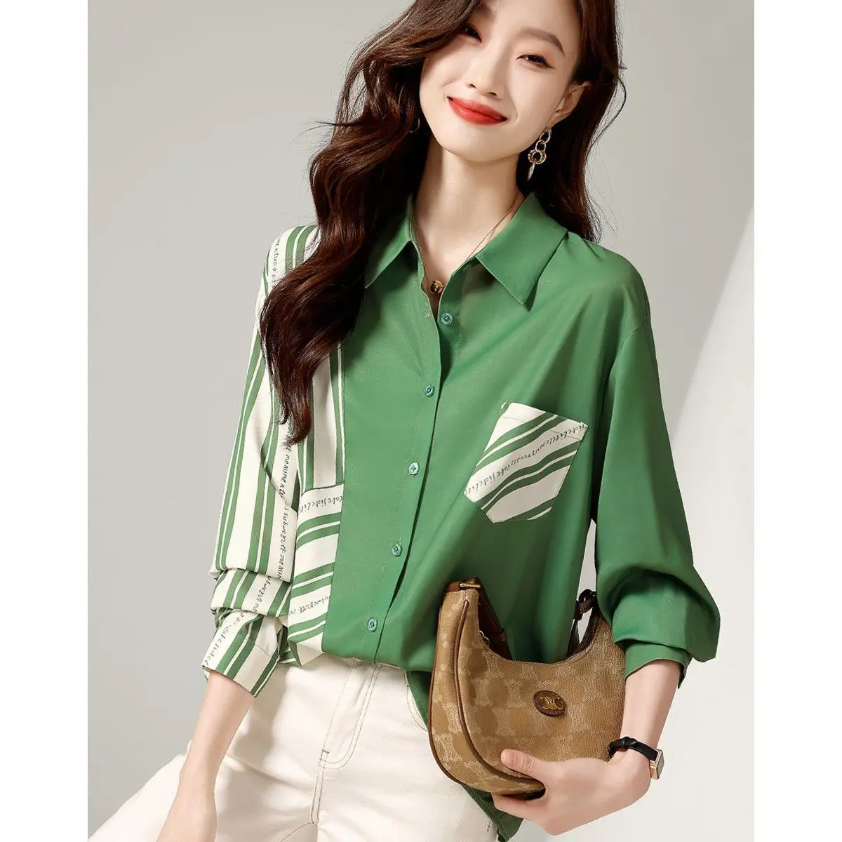 Ladies Patchwork Color Print Shirt Spring Korean Fashion Simple All-match Blouse Female Clothes Chic Vintage Elegant Casual Top