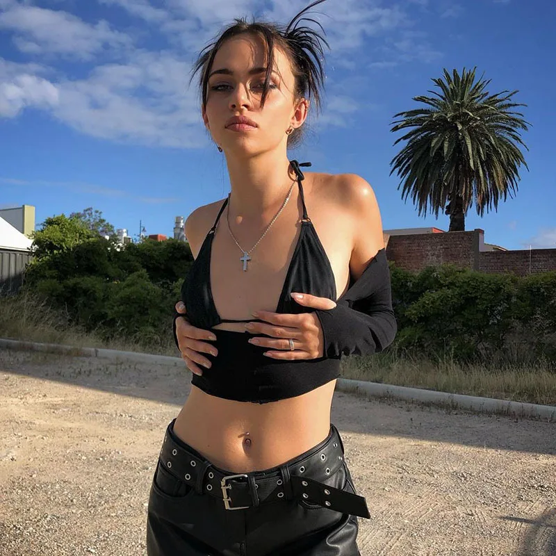 

Mall Goth Black Women T-Shirts Spring Y2k Punk Gothic Sexy Halter Neck Crop Tops gothic punk clothes women sexy tops Harajuku