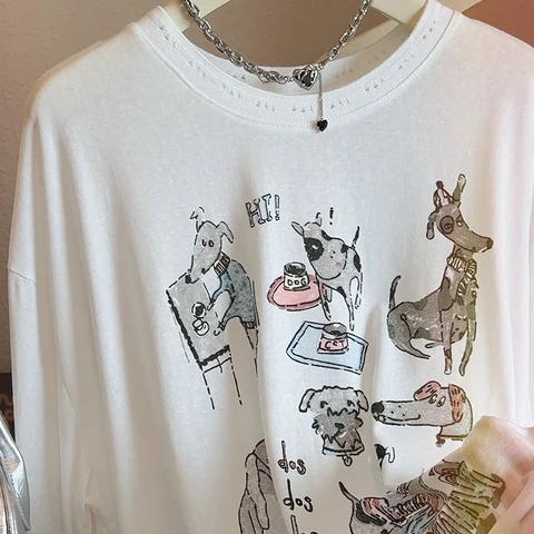 Женские летние тонкие футболки с длинным рукавом и мультяшным принтом, милые футболки с круглым вырезом, летние топы для женской одежды, прозрачная одежда