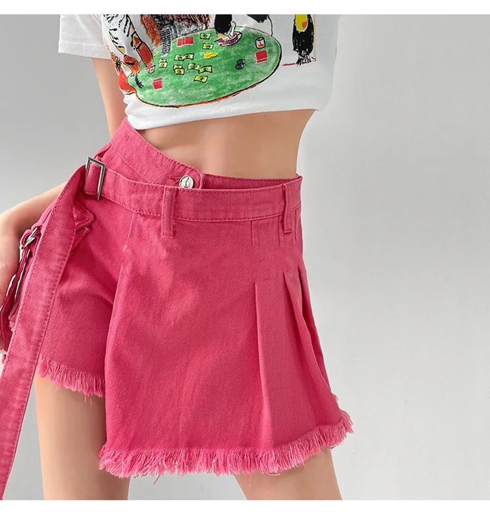 

2023 Korean Style Pink Women Irregular Fake Two Jeans Skirts Denim Short Bottoms Feminino S-XXL