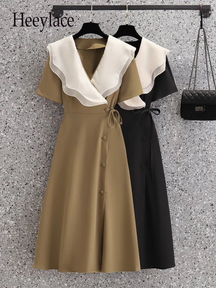 

Женское винтажное шифоновое платье миди, элегантное платье во французском стиле с двойными оборками на воротнике и высокой талией, одежда р...