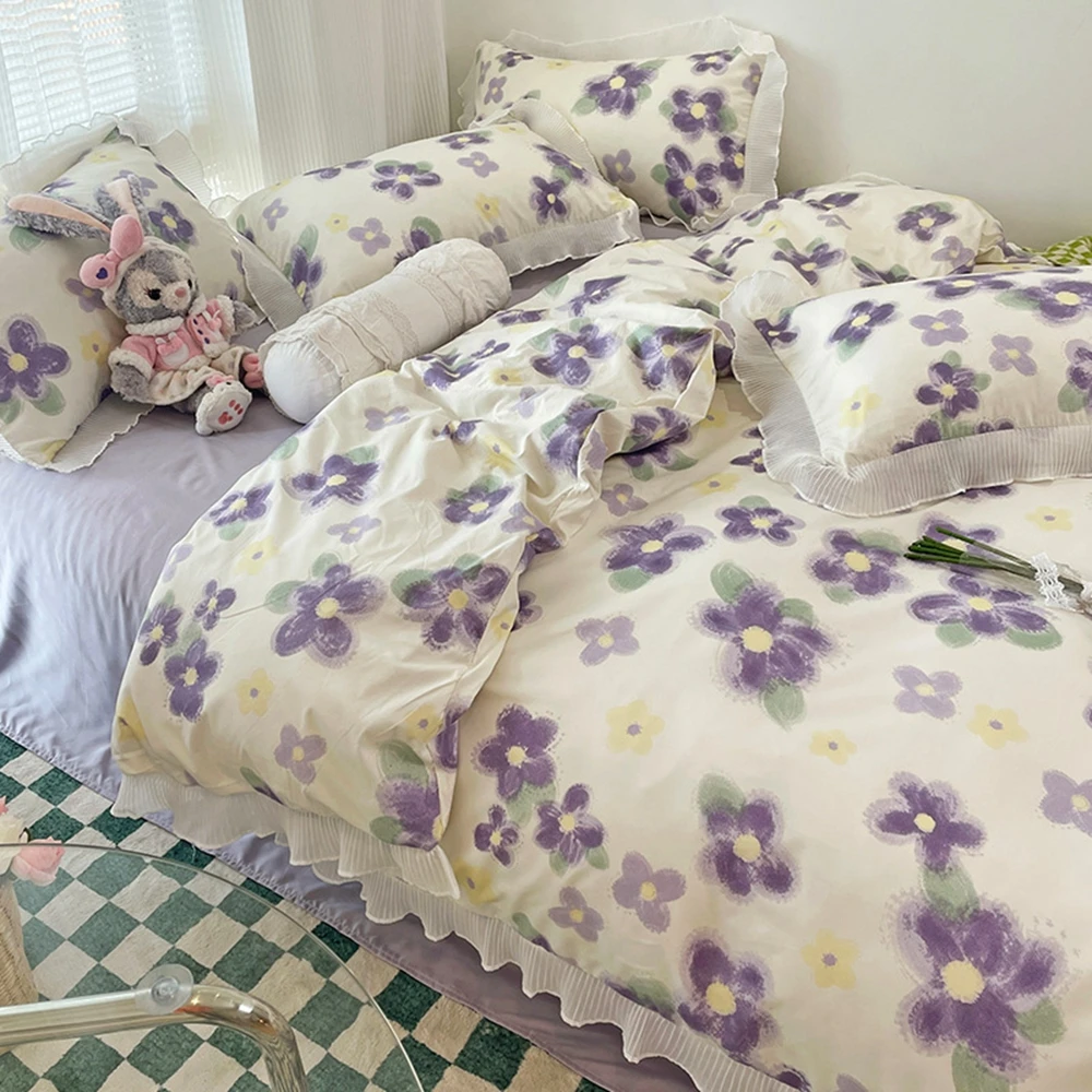

Solid Color Fresh Print Ruffle Design Soft Home Textile Bedding Duvet Cover Sheet Pillowcase Single Double Queen Bed 3/4 PC Set
